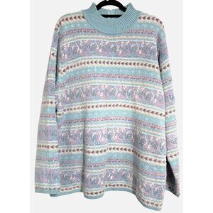 90s Pastel Knit Sweater Xl Mock Neck Back Zipper Paisley Boho Preppy Grunge Retr